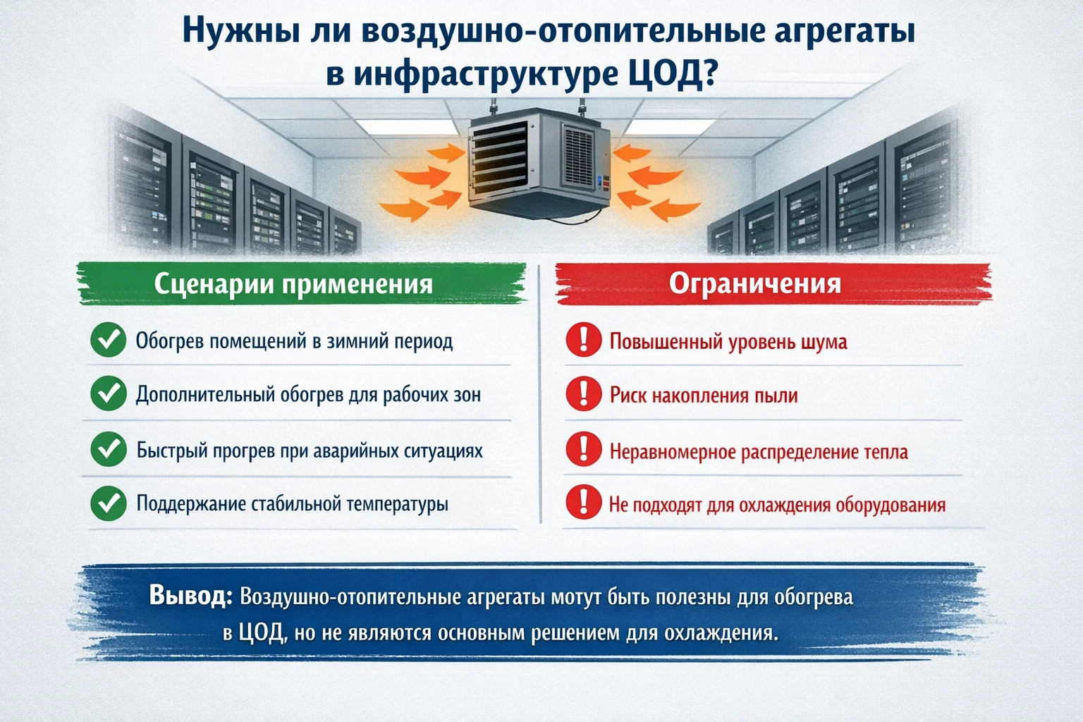 Нужны ли воздушно-отопительные агрегаты в инфраструктуре ЦОД: сценарии применения и ограничения