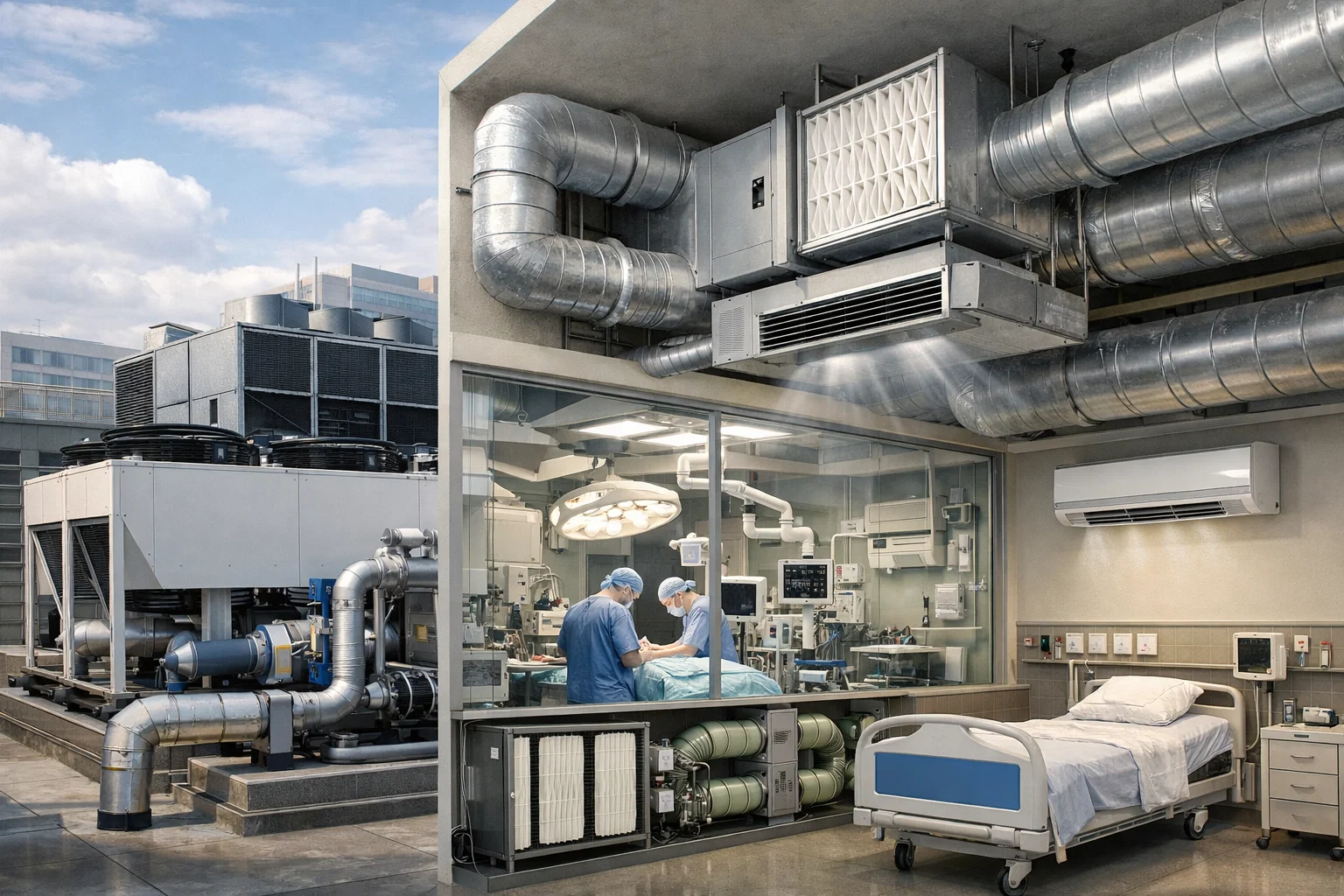 Как спроектировать HVAC для больниц и клиник: сочетание чиллеров, фанкойлов, вентиляции и HEPA фильтрации